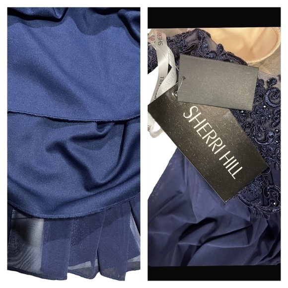 Nwt Prom Sherri Hill Lace Plunging bodice low back Blue Cocktail Dress Gown 2 - Picture 13 of 16